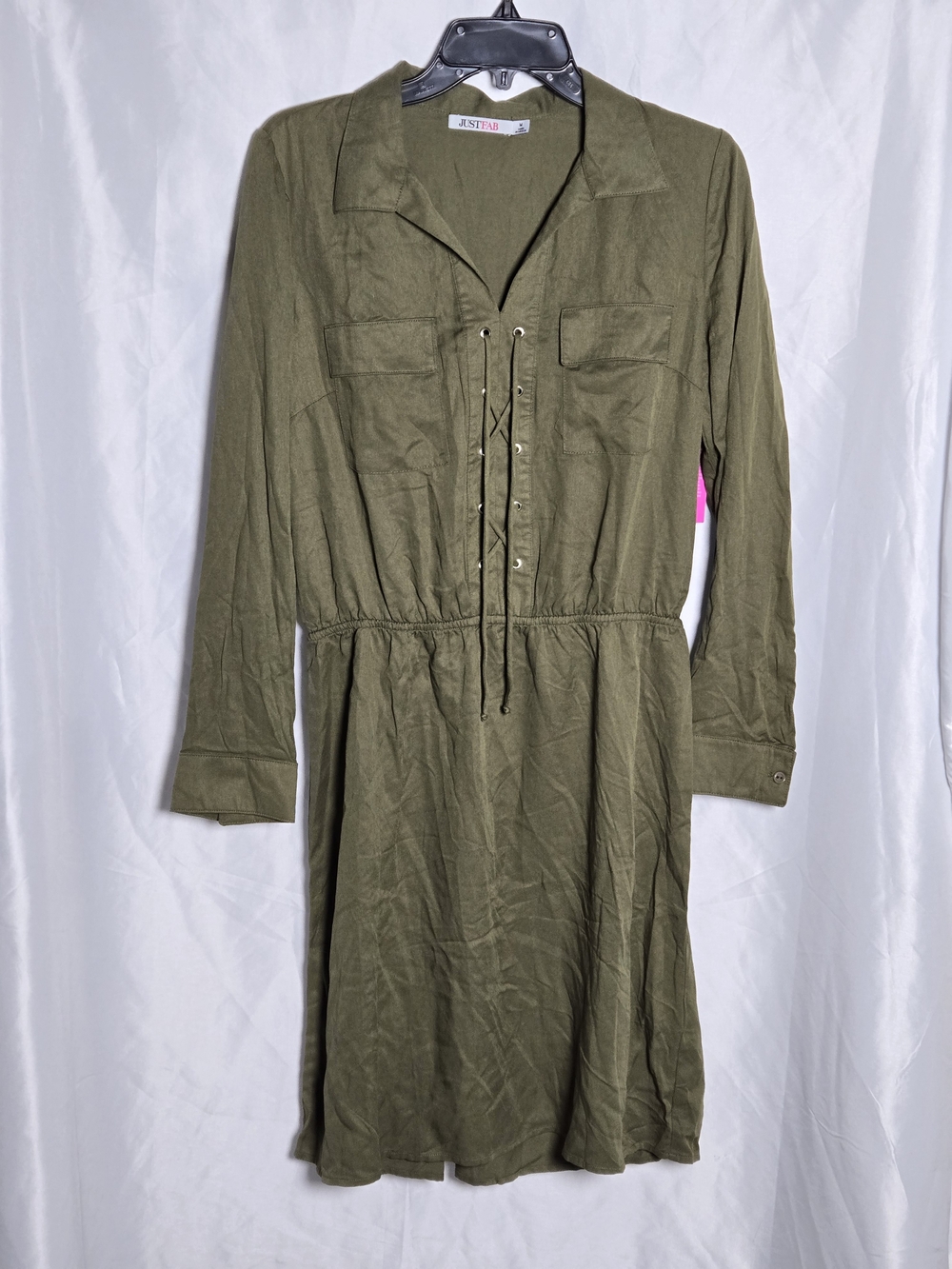 JustFab Olive Lace-Up Shirt Dress